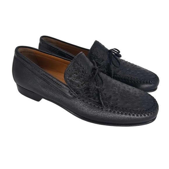 Johnston‎ & Murphy Exotic Ostrich Leather Loafers 9M Black Handcrafted in Italy